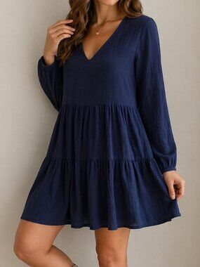 Costal Cowgirl NWT Navy Blue V Neck Mini Dress Long Sleeve Tiered Small